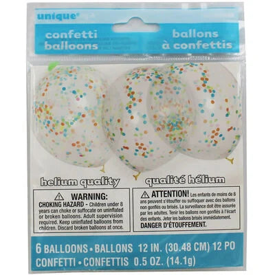 Unique Clear with Multicoloured Confetti 12" Latex Balloons 6ct