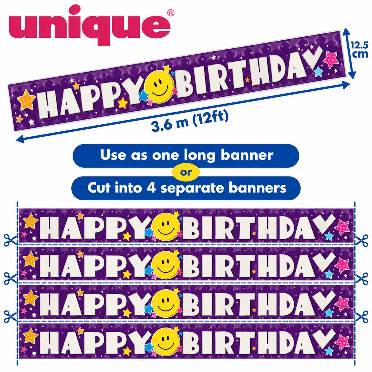 Happy Birthday Smiley Face Banner – 3.6m / 12ft – Cut into 4 Banners
