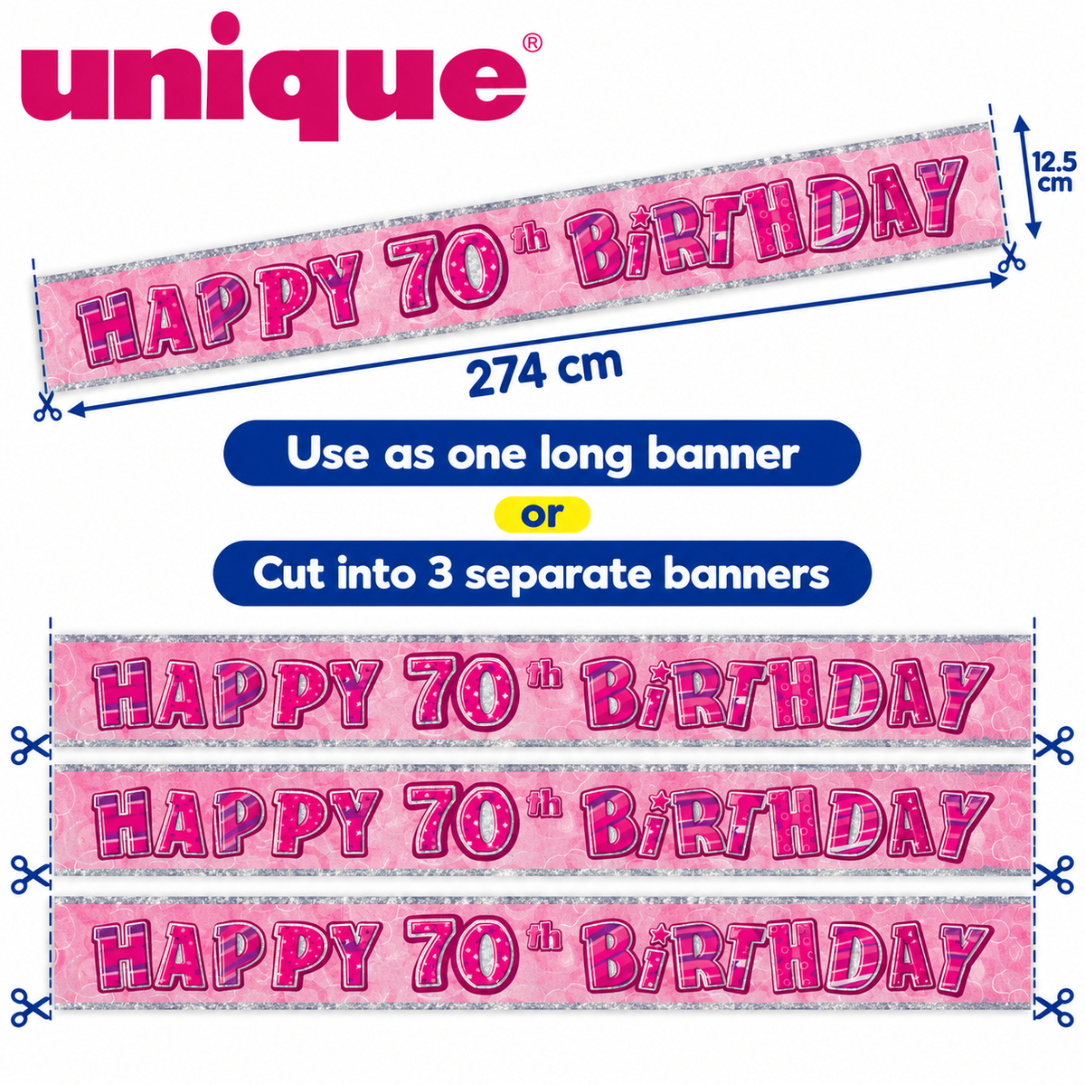 Happy 70th Birthday Pink Holographic Banner – 2.74m – Cut into 3 Banners