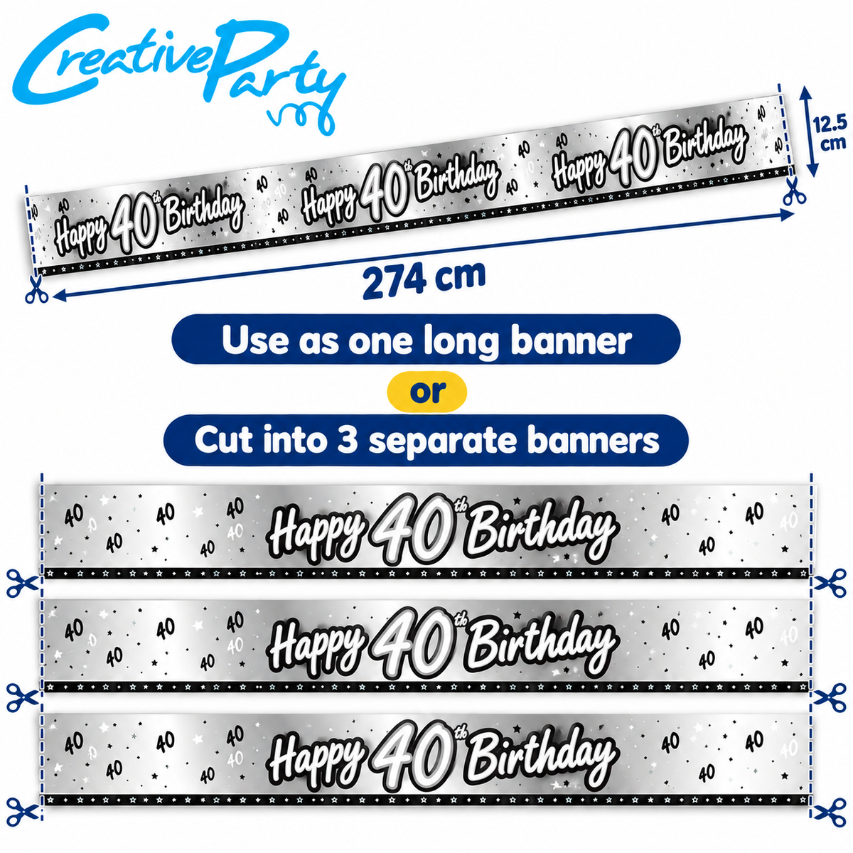Happy 40th Birthday Banner 274cm x 12.5cm – Silver/Black Holographic Party Decoration
