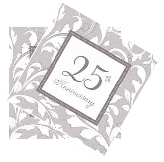 25th Anniversary Elegant Silver Scroll Lunch 2-ply Napkins 16ct