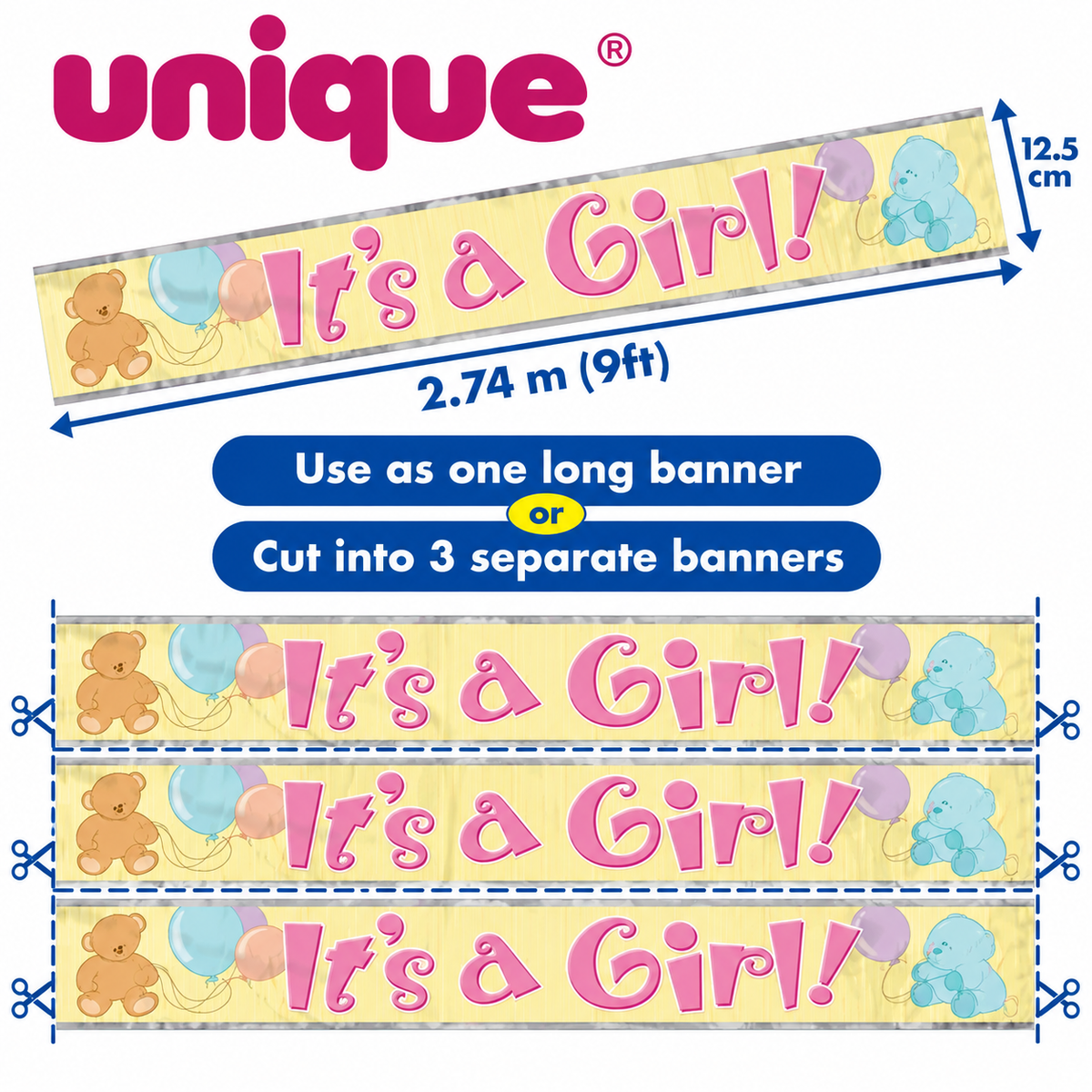 Unique It’s a Girl Baby Shower Banner – 2.74m / 9ft – Cut into 3 Banners