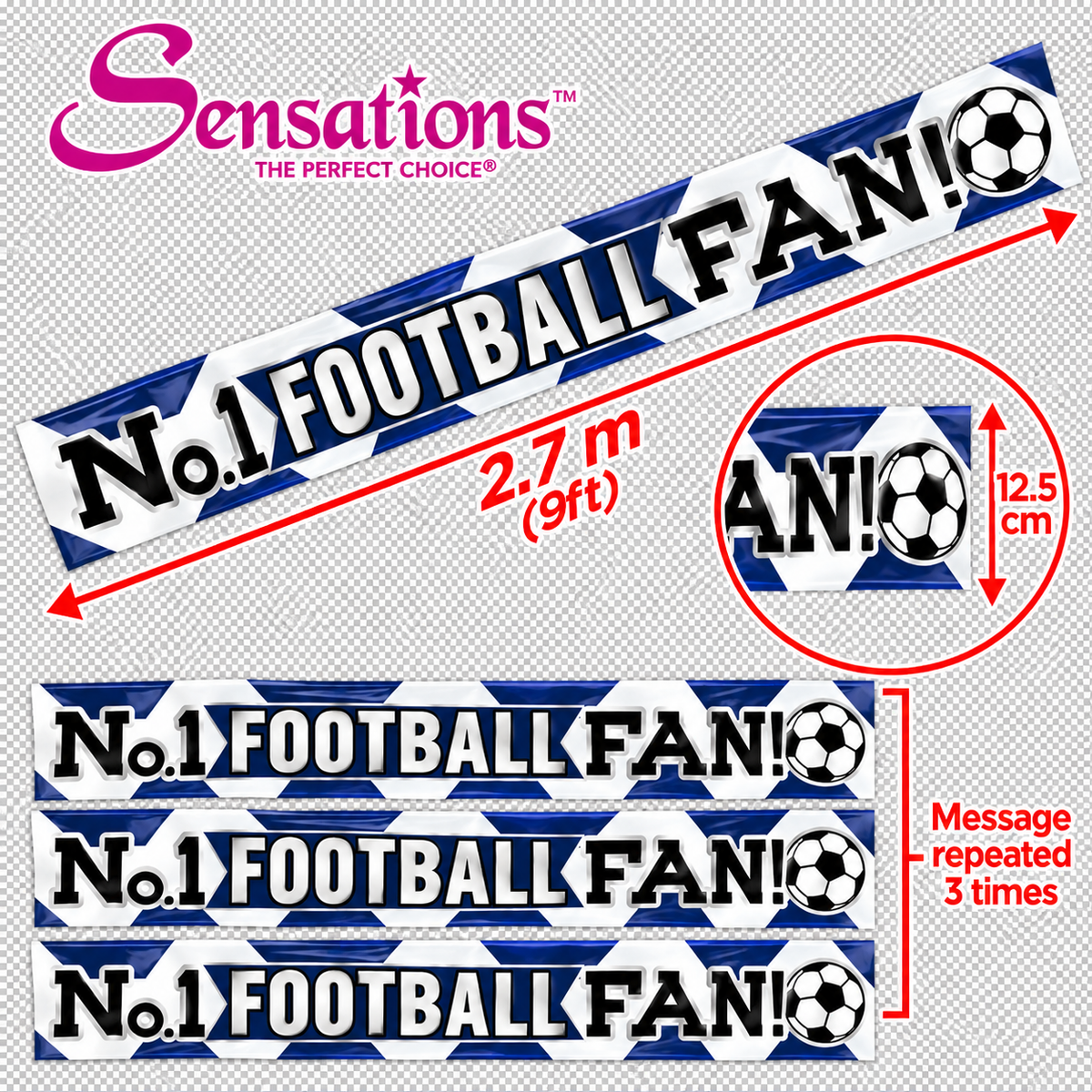 No.1 Football Fan Navy Blue & White Foil Banner – 2.7m / 9ft – Cut into 3 Banners