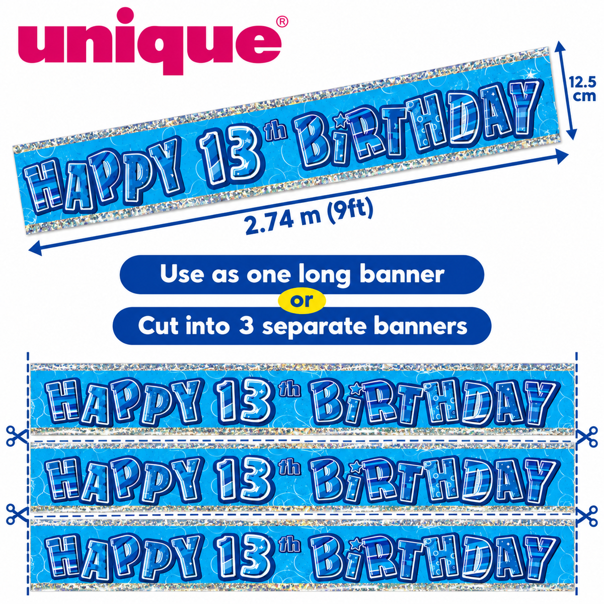 Happy 13th Birthday Blue Holographic Banner – 2.74m (9ft) – Cut into 3 Banners