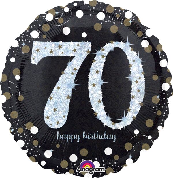 70th Happy Birthday Sparkling Black & Silver Holographic 18-inch Foil Balloon