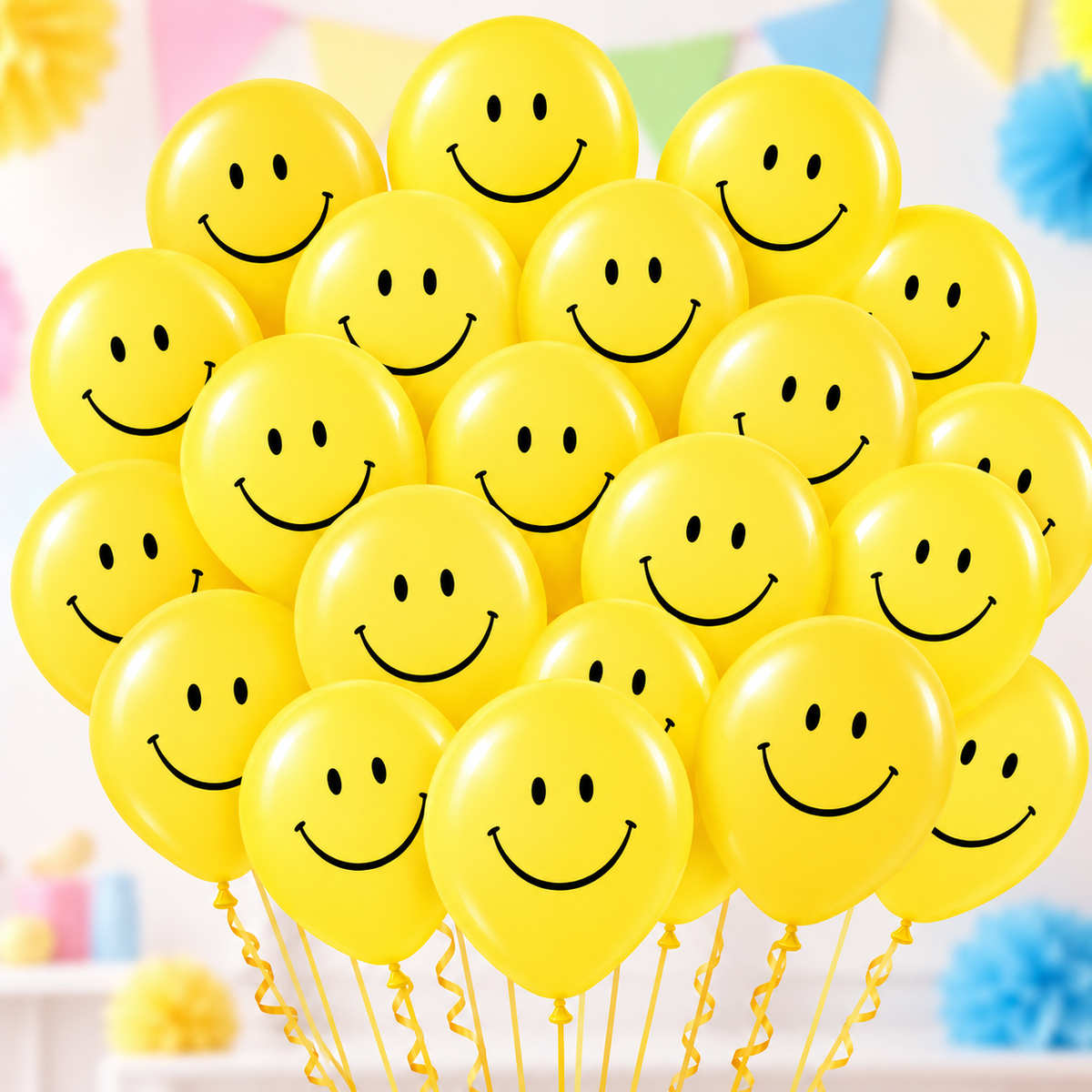 12" Yellow Smiley Face Latex Balloons – Pack of 20 – Air or Helium