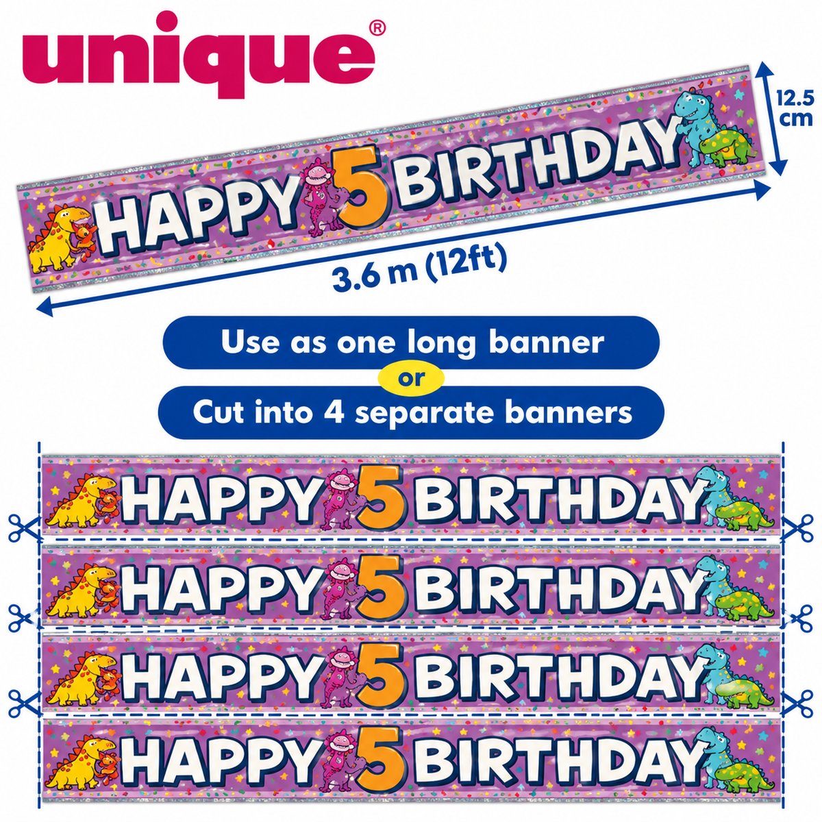 Happy 5th Birthday Banner – Monster Design – 3.6m / 12ft – Cut into 4 Banners