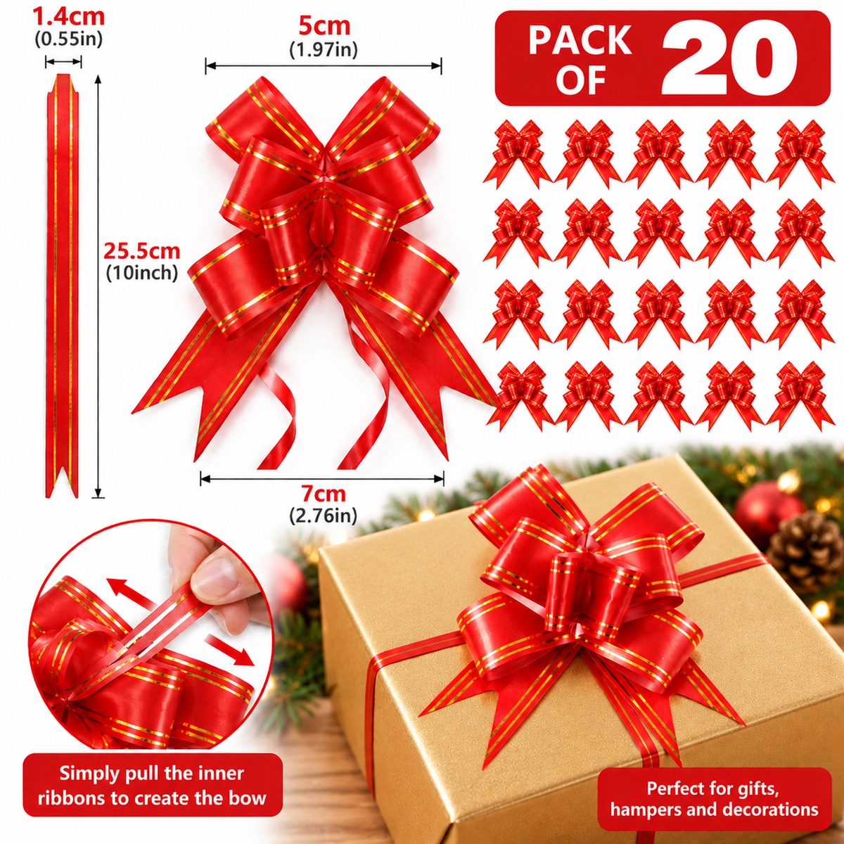 Red & Gold Stripe Pull Bows for Gift Wrapping – Easy Pull Ribbon Bows – Christmas, Hampers & Presents – Pack of 5 or 10
