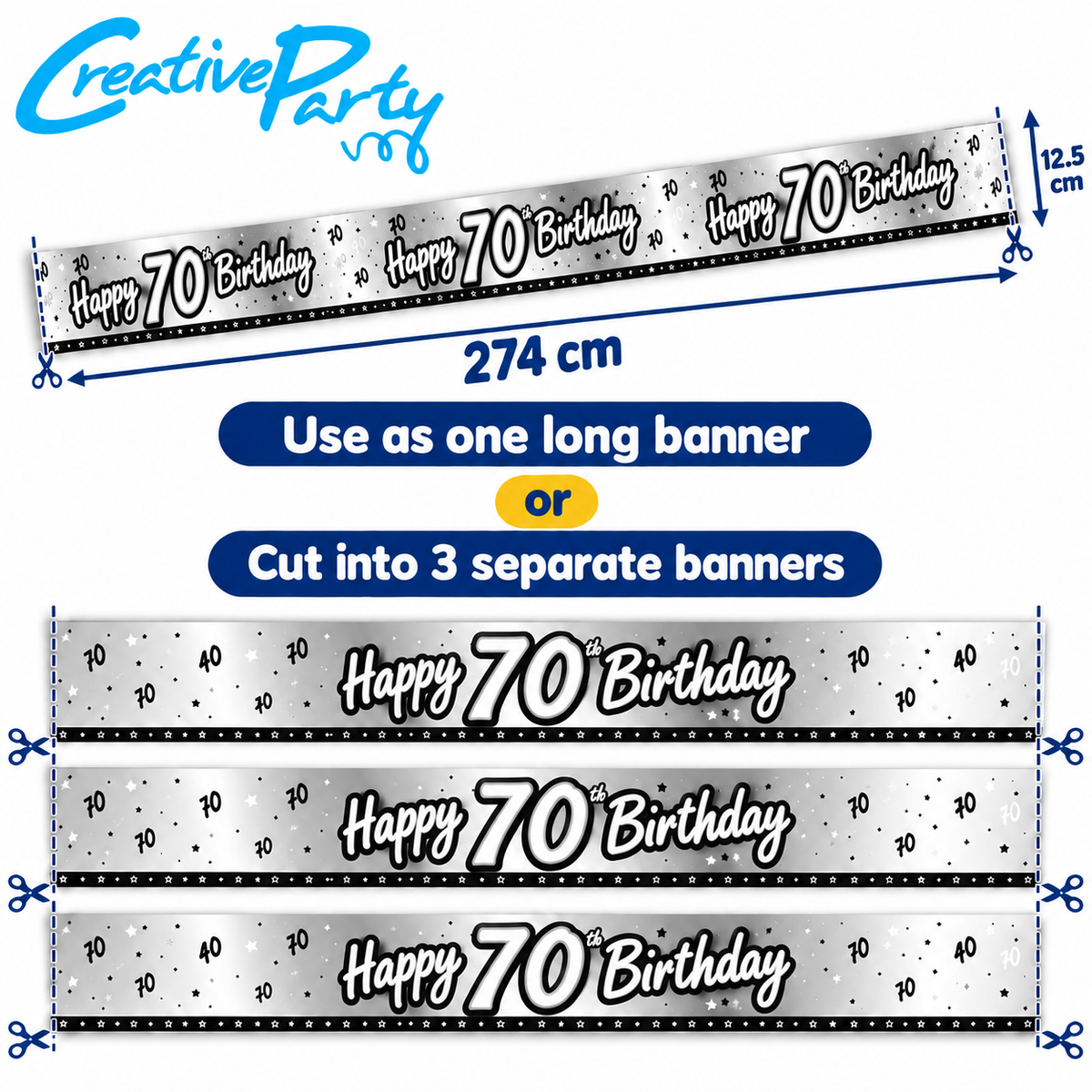 Happy 70th Birthday Banner 274cm x 12.5cm – Silver/Black Holographic Party Decoration