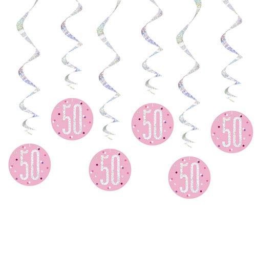 "50" Hanging Swirl Decorations - 32" | Pink And Silver | 6 Pcs.