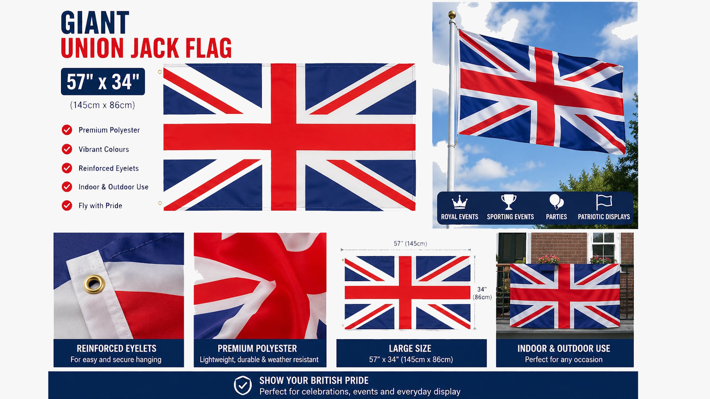 Giant Union Jack Flag 57" x 34" Polyester British UK National Flag with Eyelets