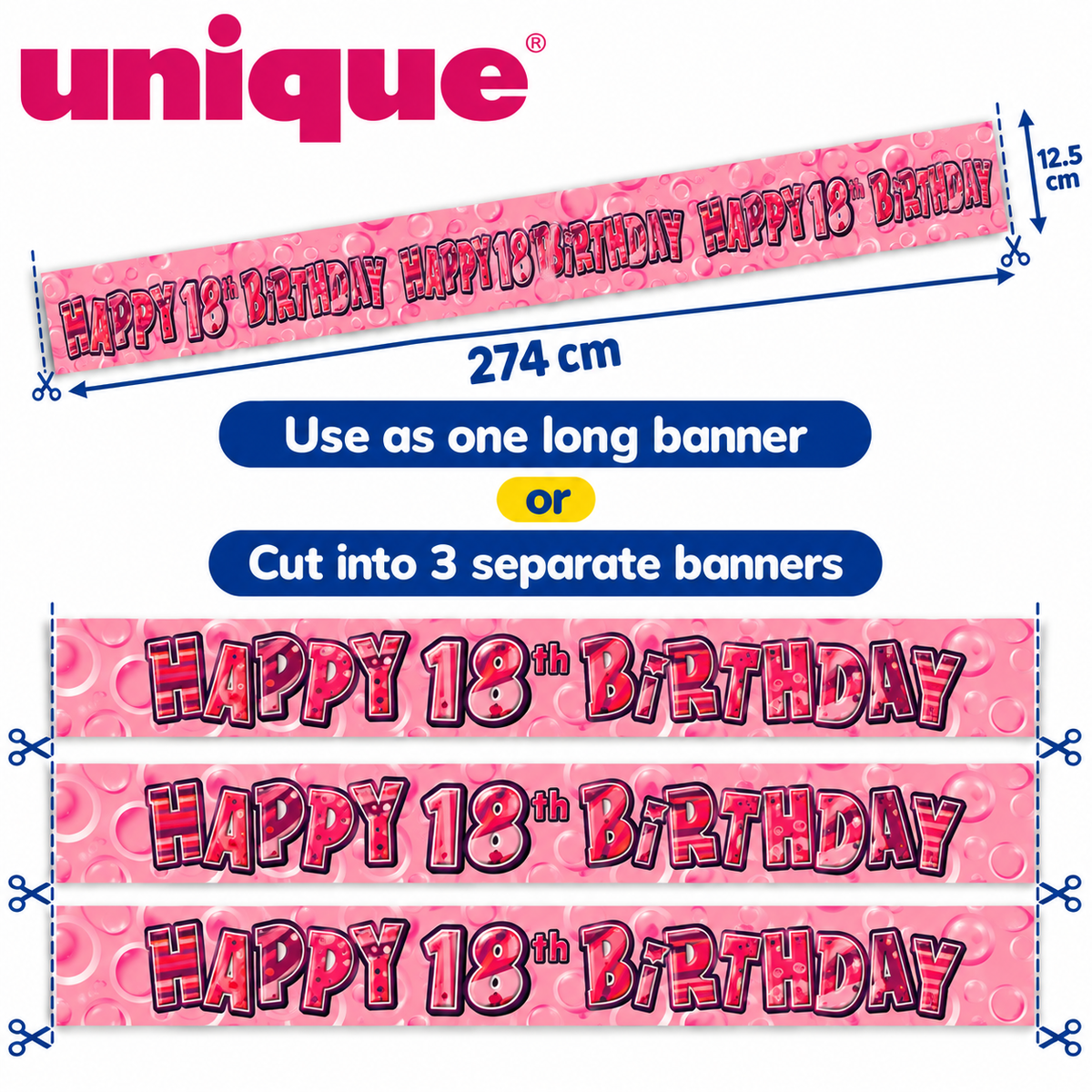 Happy 18th Birthday Pink Holographic Banner – 2.74m – Cut into 3 Banners