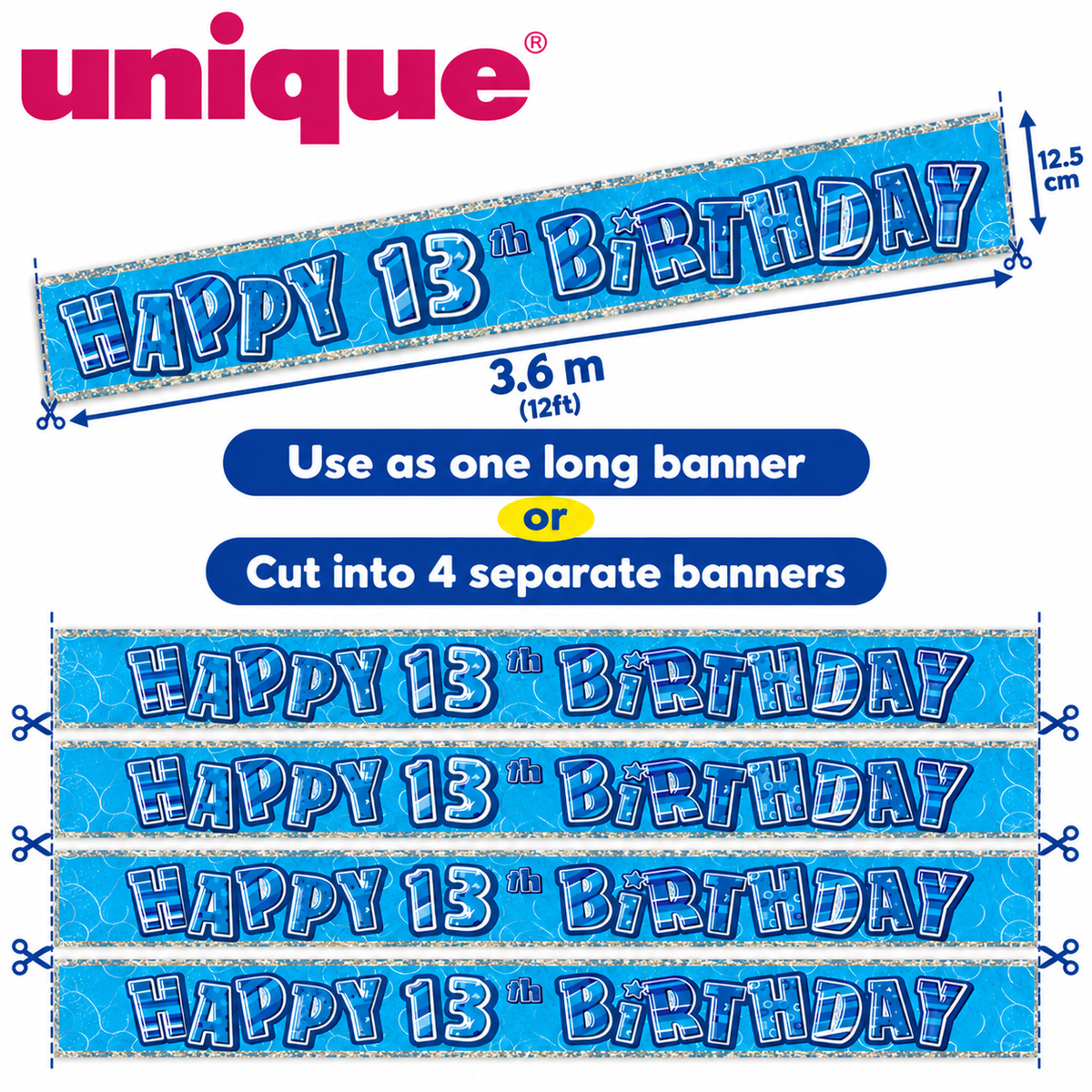 Happy 13th Birthday Blue Holographic Banner – 3.6m (12ft) – Cut into 4 Banners