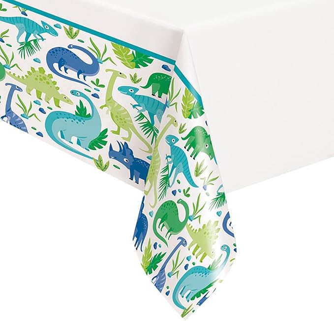 Dino Party Table Cover - Vibrant Blue & Green Dinosaurs 54in x 84in