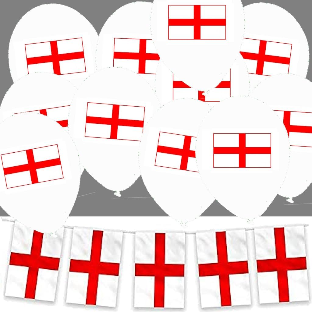 10M 20 Flag Bunting & 24pc x 12" Balloons (England)