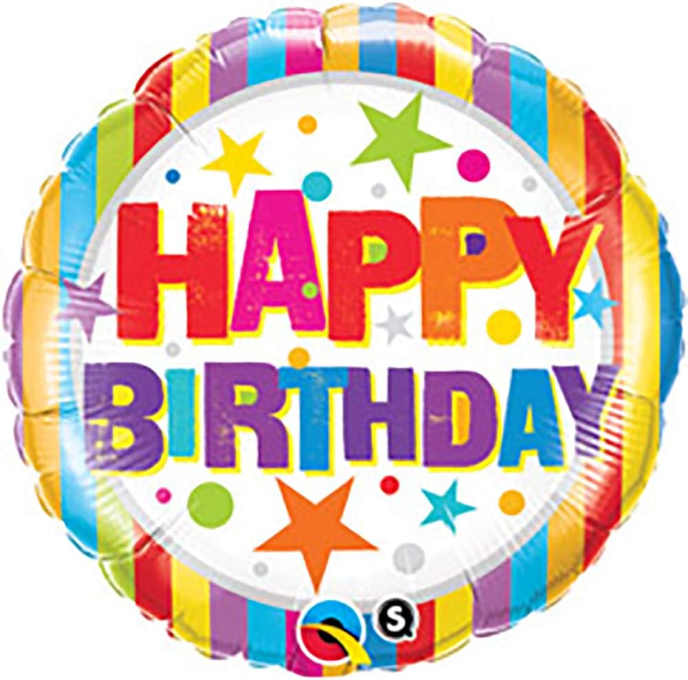Qualatex Happy Birthday Stripes and Stars Rainbow Colours 18" Foil Balloon