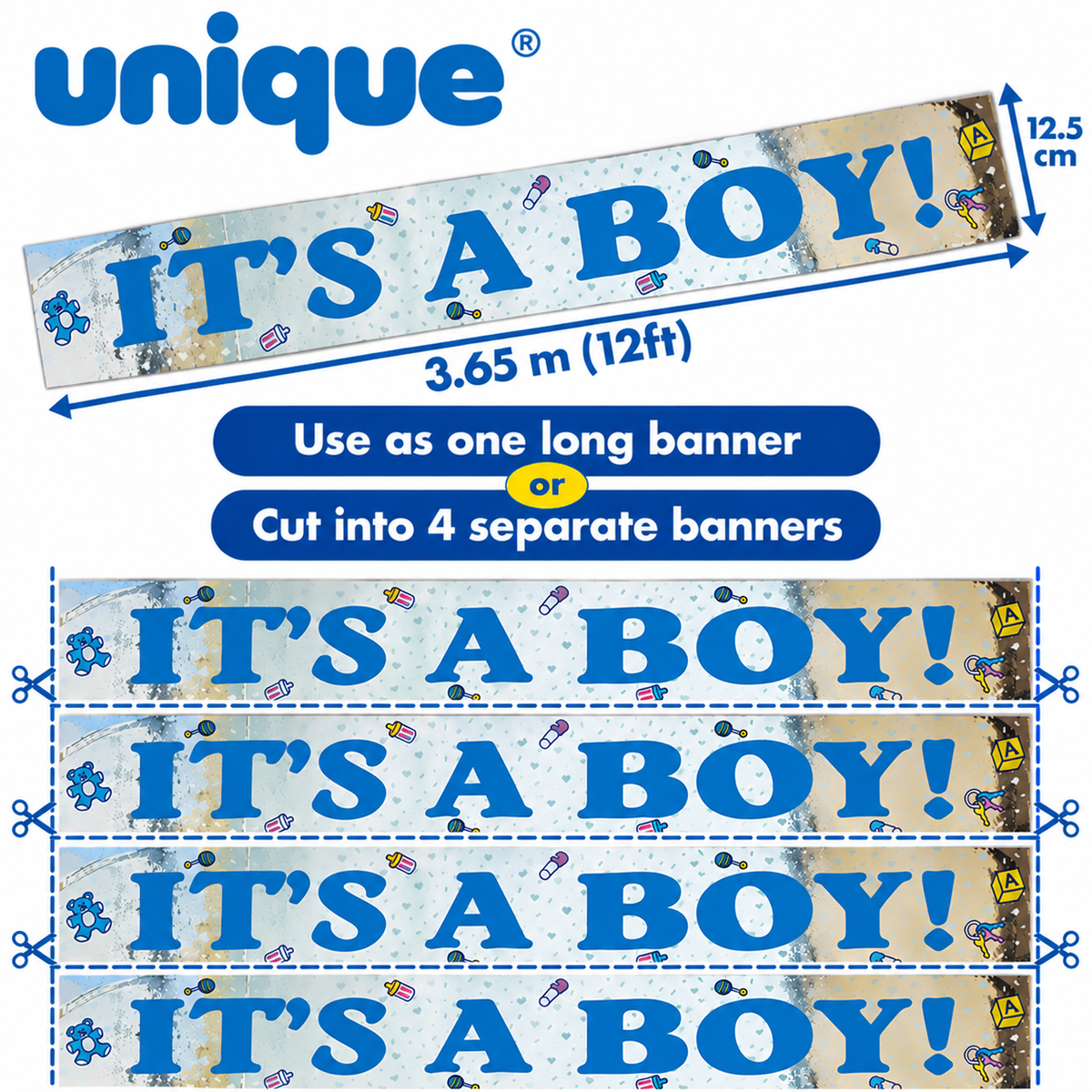 Unique It’s A Boy Baby Shower Banner – 3.65m / 12ft – Cut into 4 Banners