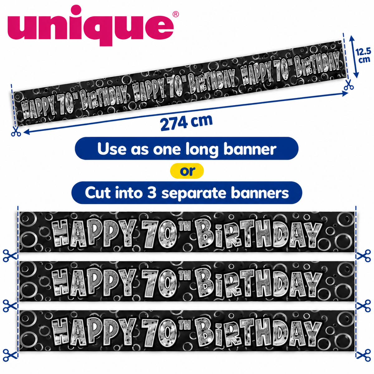 Happy 70th Birthday Banner – Black & Silver Glitz – 2.74m – Cut into 3 Banners