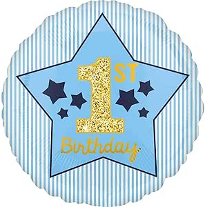 1st Birthday Blue Stars Round 18-inch Foil Balloon