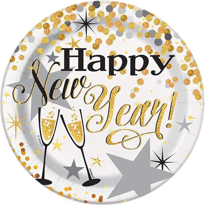 Glittering New Year Party Paper Cake Plates, 7" Black/Gold/Silver 8ct