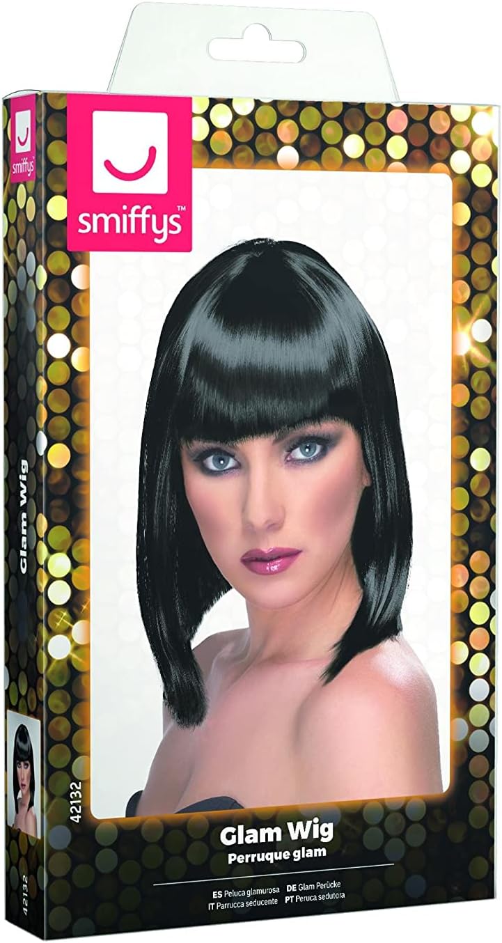 Smiffys Glam Wig, Black Short, Blunt with Fringe, Ladies Glamour Wigs Fancy Dress, Adult Dress Up Wigs Halloween