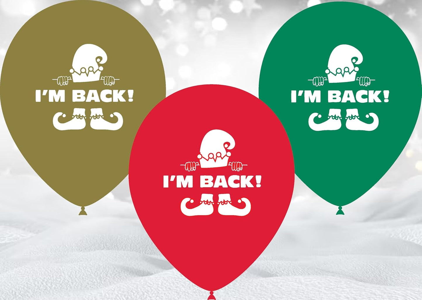 Elf "I'm Back" Latex Balloons, Pack of 12, Red, Gold & Green Latex balloon