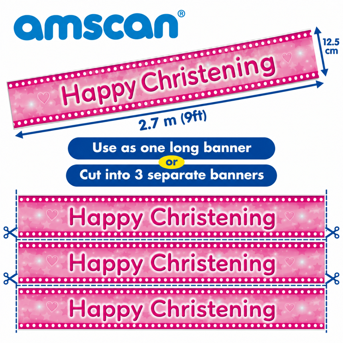 Happy Christening Pink Banner – 2.7m / 9ft – Cut into 3 Banners