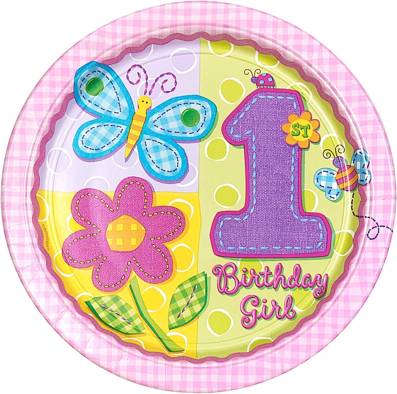 Hugs & Stitches 1st Birthday Girl 27cm Party Plates 8ct