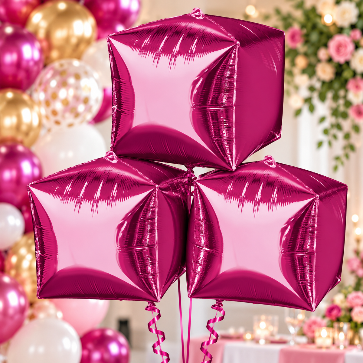 Anagram 15" Bright Pink Cubez Foil Balloons – Pack of 3
