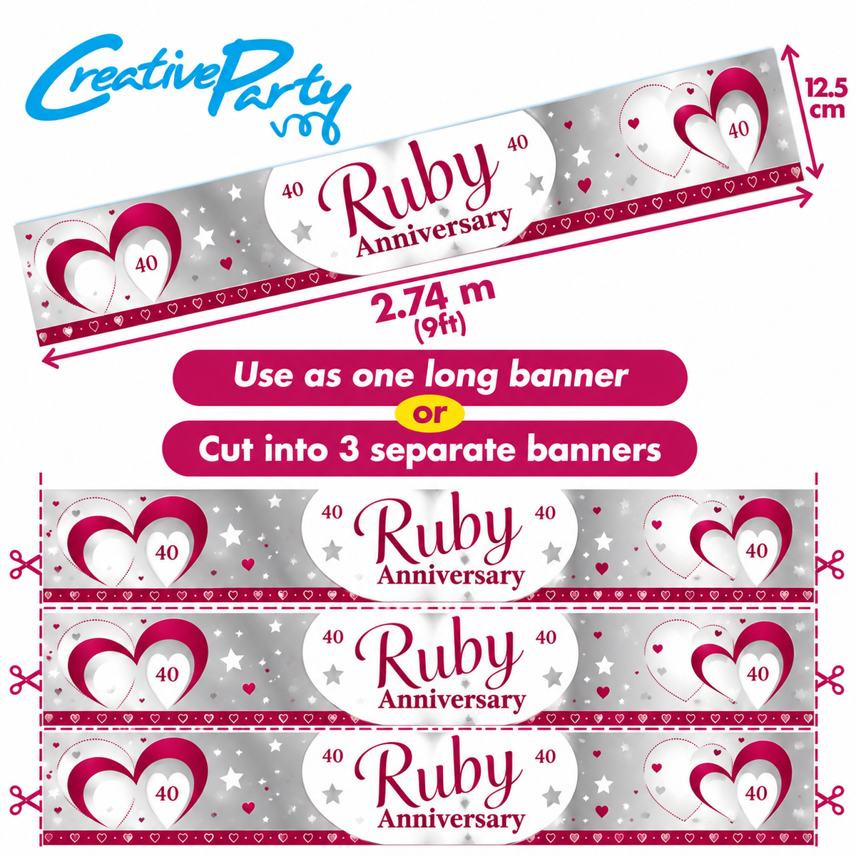 Ruby Wedding Anniversary Banner – 2.74m / 9ft – Cut into 3 Banners