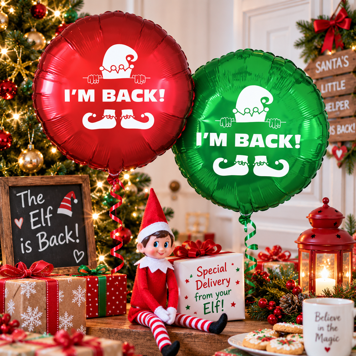 Elf I’m Back 18" Christmas Elf Foil Balloon – Red or Green Xmas Decoration