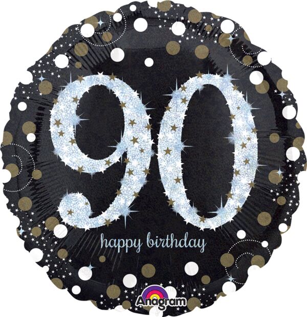 90th Happy Birthday Sparkling Black & Silver Holographic 18-inch Foil Balloon