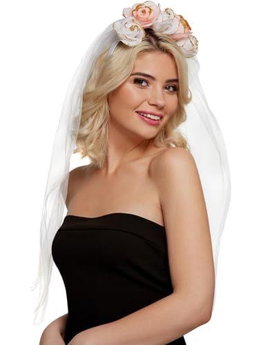 Smiffys Floral Headband, White & Pink with Veil, Hen & Stag Night Fancy Dress, Adult Dress Up Accessories