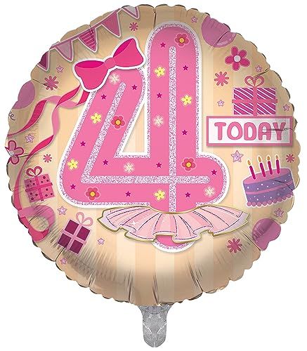 4th birthday bash golden round shape balloon with included big 4 number with pink design