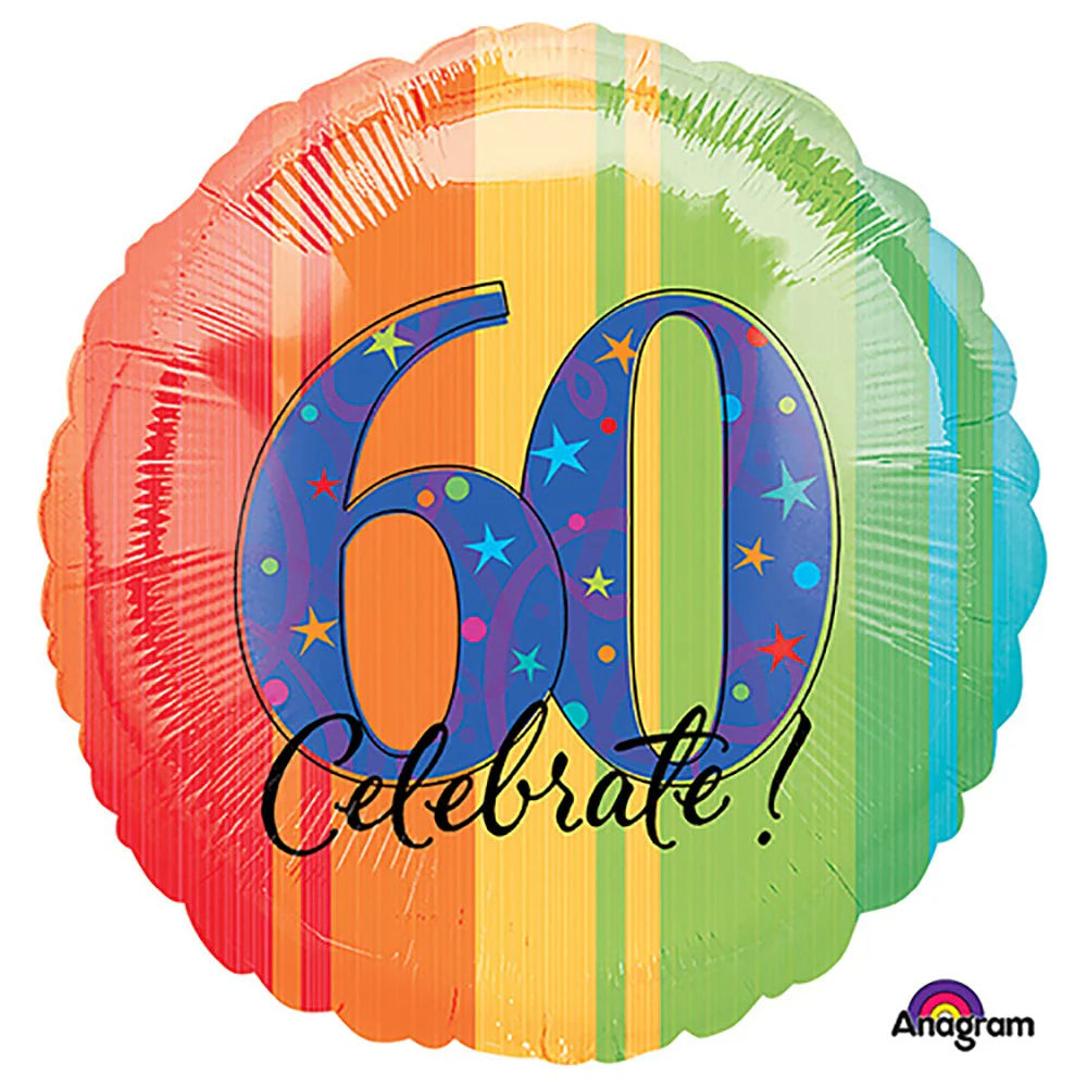 60th to Celebrate Rainbow Stripe 18-inch Foil Balloon