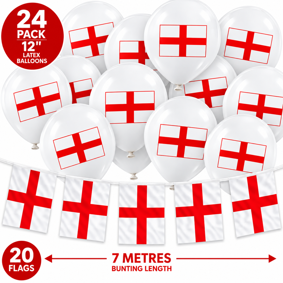 England St George’s Party Set – 7m Bunting (20 Flags) & 24 x 12" Balloons