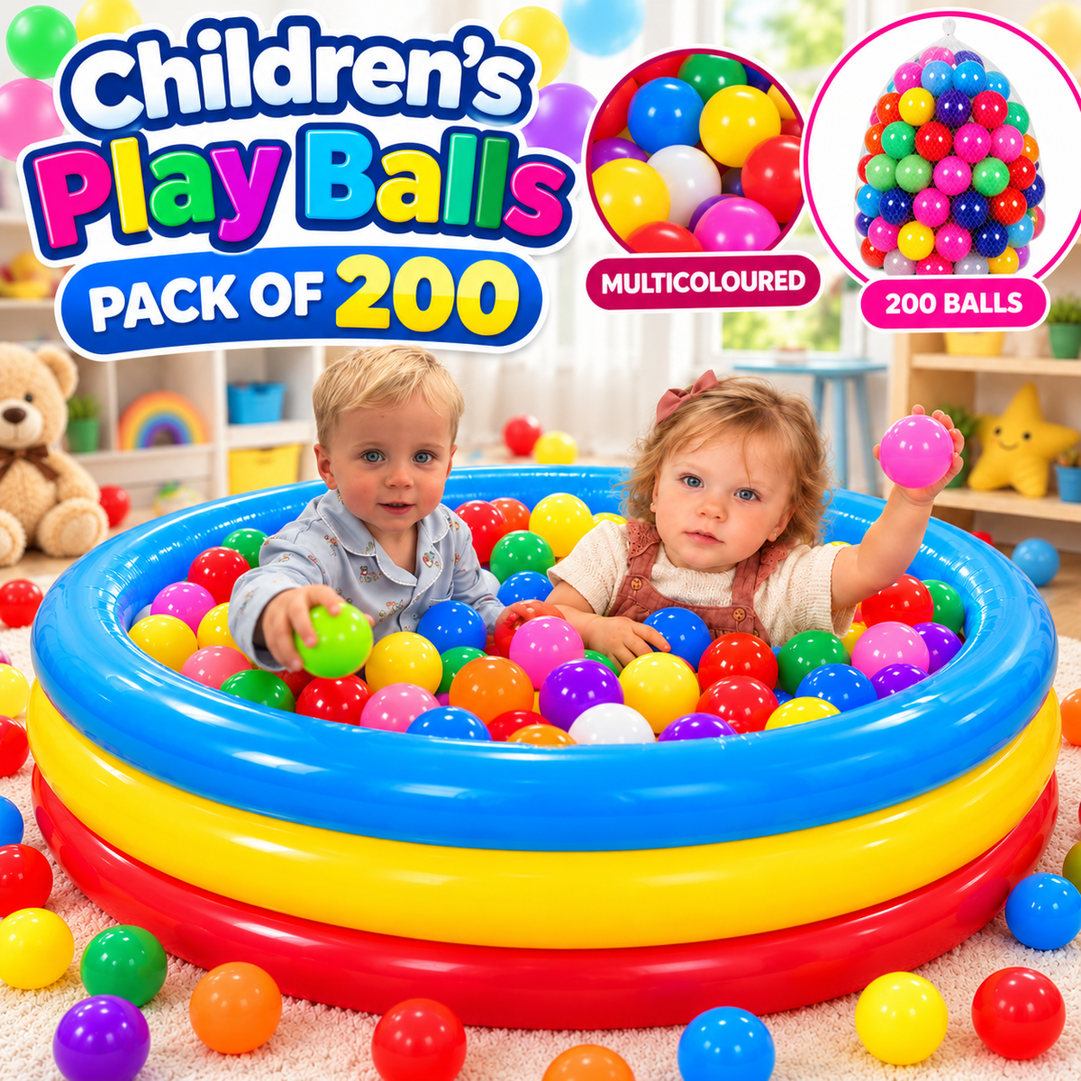200 Children’s Multicoloured Play Balls – Colourful Plastic Ball Pit Balls for Kids Indoor Play