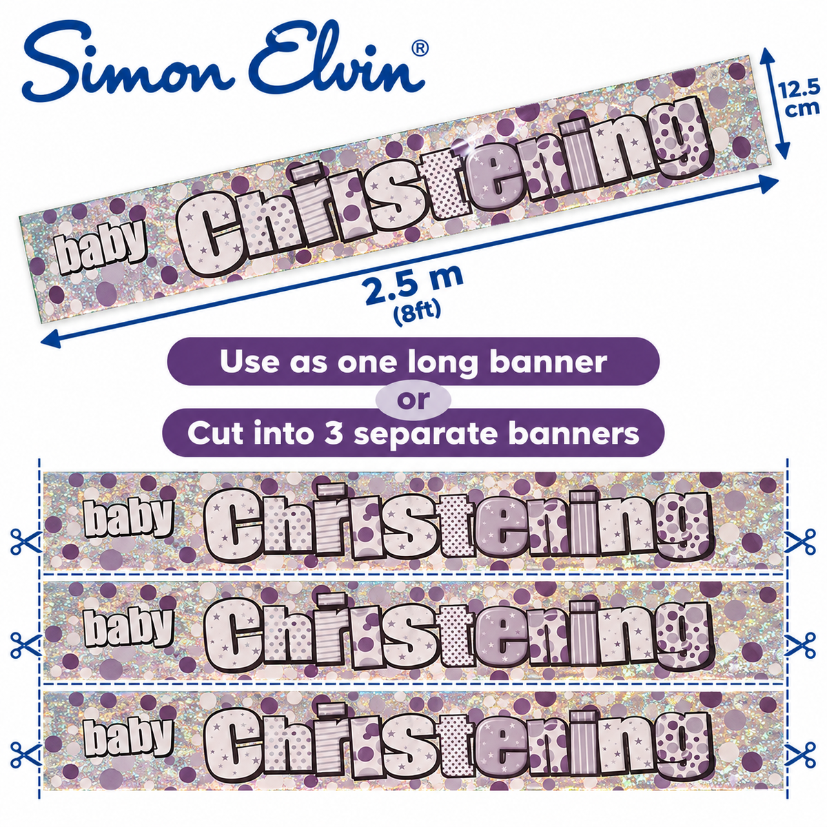 Baby Christening Holographic Banner – 2.5m / 8ft – Cut into 3 Banners
