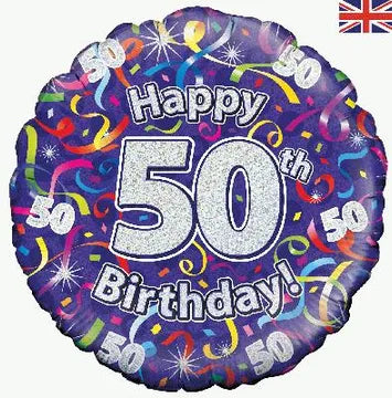 50th Birthday Streamers 18-Inch Holographic Foil Balloon