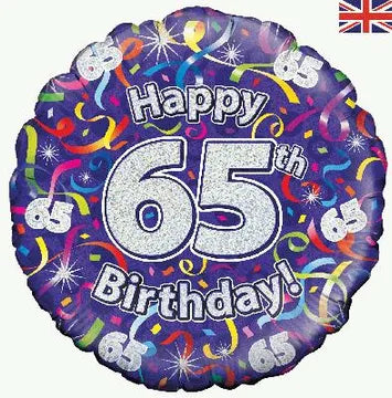 65th Birthday Streamers 18-Inch Holographic Foil Balloon