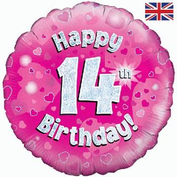 Happy 14th Birthday Pink Holographic 18" Balloon