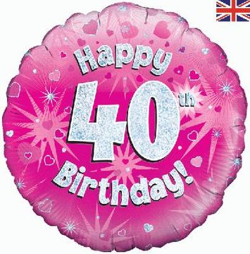 Happy 40th Birthday Pink Holographic 18" Balloon