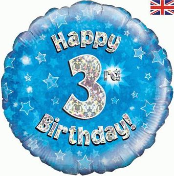 Happy 3rd Birthday Blue Holographic 18" Balloon