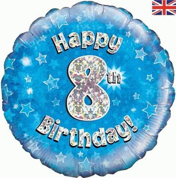 Happy 8th Birthday Blue Holographic 18" Balloon