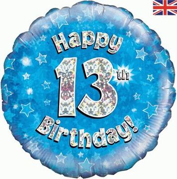 Happy 13th Birthday Blue Holographic 18" Balloon