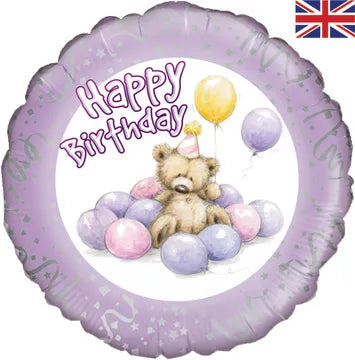 18In Happy B/Day Bear Lilac Foil Birthday Balloon