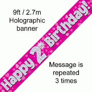 Pink Holographic Happy 2nd Birthday Banner – 2.7m (9ft)