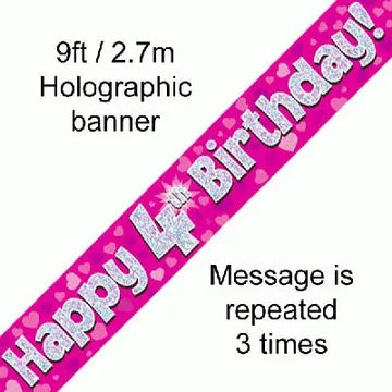 Pink Holographic Happy 4th Birthday Banner – 2.7m (9ft)