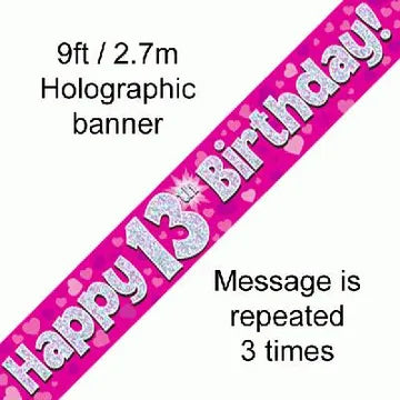 Pink Holographic Happy 13th Birthday Banner – 2.7m (9ft)