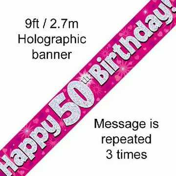 Pink Holographic Happy 50th Birthday Banner – 2.7m (9ft)